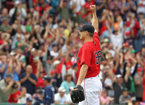 BOSTON – AUGUST 16: Jonathan Papelbon #58 of the Boston Red Sox reacts after earning a save by defeating the Tampa Bay Rays, 3-1, at Fenway Park on August 16, 2011 in Boston, Massachusetts. (Photo by Jim Rogash/Getty Images)