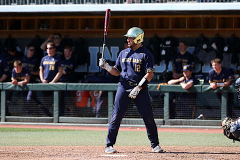 CHAPEL HILL, NC – MARCH 08: Niko Kavadas #12 of the University of Notre Dame waits for a pitch during a game between Notre Dame and North Carolina at Boshamer Stadium on March 08, 2020 in Chapel Hill, North Carolina. (Photo by Andy Mead/ISI Photos/Getty Images)