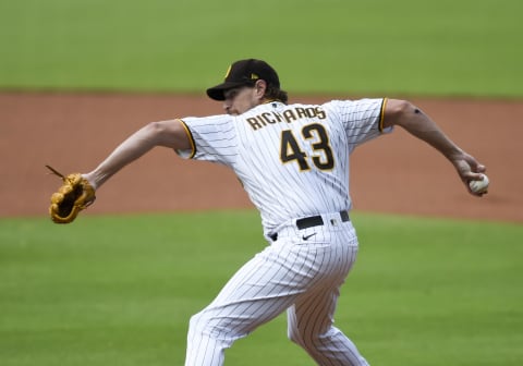 SAN DIEGO, CA – SEPTEMBER 13: Garrett Richards #43 of the San Diego Padres pitches during the first inning of a baseball game against the San Francisco Giants at Petco Park on September 13, 2020 in San Diego, California. Today’s game was to make up for Friday’s postponed game. (Photo by Denis Poroy/Getty Images)