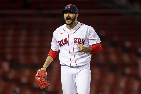 BOSTON, MA – SEPTEMBER 18: Martin Perez #54 of the Boston Red Sox reacts during the sixth inning of a game against the New York Yankees on September 18, 2020 at Fenway Park in Boston, Massachusetts. The 2020 season had been postponed since March due to the COVID-19 pandemic. (Photo by Billie Weiss/Boston Red Sox/Getty Images)