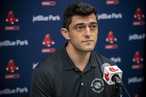 FT. MYERS, FL – FEBRUARY 21: Chief Baseball Officer Chaim Bloom of the Boston Red Sox addresses the media during a press conference during a spring training team workout on February 21, 2021 at jetBlue Park at Fenway South in Fort Myers, Florida. (Photo by Billie Weiss/Boston Red Sox/Getty Images)