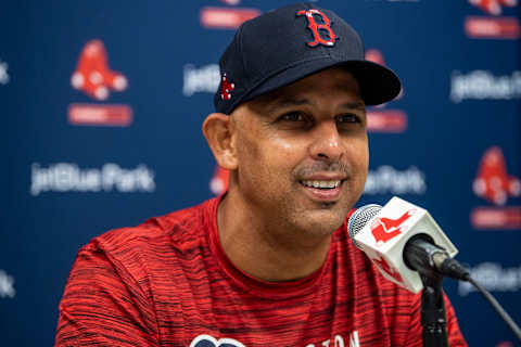 FT. MYERS, FL – FEBRUARY 21: Manager Alex Cora of the Boston Red Sox addresses the media during a press conference during a spring training team workout on February 21, 2021 at jetBlue Park at Fenway South in Fort Myers, Florida. (Photo by Billie Weiss/Boston Red Sox/Getty Images)