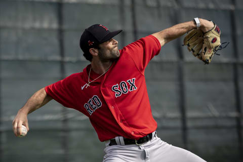 FT. MYERS, FL – FEBRUARY 28: Andrew Politi #91 of the Boston Red Sox throws during a spring training team workout at jetBlue Park at Fenway South on February 28, 2021 in Fort Myers, Florida. (Photo by Billie Weiss/Boston Red Sox/Getty Images)