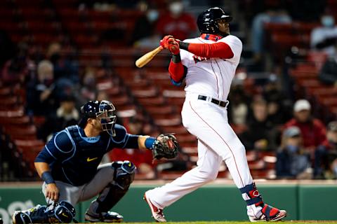 BOSTON, MA – APRIL 6: Franchy Cordero #16 of the Boston Red Sox hits a double during the third inning of a game against the Tampa Bay Rays on April 6, 2021 at Fenway Park in Boston, Massachusetts. (Photo by Billie Weiss/Boston Red Sox/Getty Images)