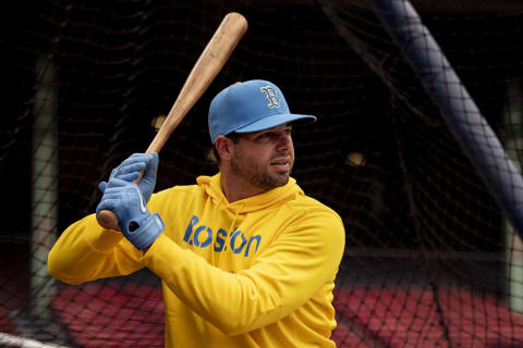 BOSTON, MA – APRIL 17: Kevin Plawecki #25 of the Boston Red Sox takes batting practice as he wears the Nike City Connect clothing before a game against the Chicago White Sox on April 17, 2021 at Fenway Park in Boston, Massachusetts. (Photo by Billie Weiss/Boston Red Sox/Getty Images)