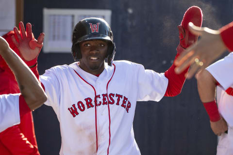 BOSTON, MA – MAY 11: Marcus Wilson #12 of the Worcester Red Sox reacts after scoring during the eighth inning of the inaugural game at Polar Park against the Syracuse Mets on May 11, 2021 in Worcester, Massachusetts. It was the first game ever played at Polar Park. (Photo by Billie Weiss/Boston Red Sox/Getty Images)