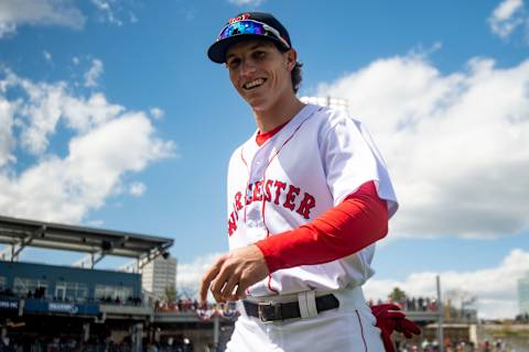 BOSTON, MA – MAY 11: Jarren Duran #24 of the Worcester Red Sox reacts before the inaugural game at Polar Park against the Syracuse Mets on May 11, 2021 in Worcester, Massachusetts. It was the first game ever played at Polar Park. (Photo by Billie Weiss/Boston Red Sox/Getty Images)