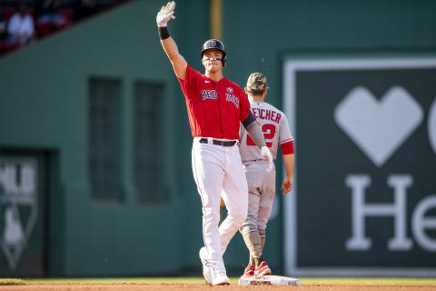 BOSTON, MA – MAY 15: Bobby Dalbec #29 of the Boston Red Sox reacts after hitting an RBI double during the fourth inning of a game against the Los Angeles Angels of Anaheim on May 15, 2021 at Fenway Park in Boston, Massachusetts. (Photo by Billie Weiss/Boston Red Sox/Getty Images)