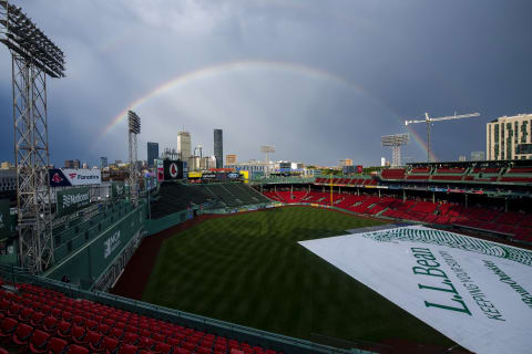 BOSTON, MA – JUNE 30: A rainbow forms before a game between the Boston Red Sox and the Kansas City Royals on June 30, 2021 at Fenway Park in Boston, Massachusetts. (Photo by Billie Weiss/Boston Red Sox/Getty Images)