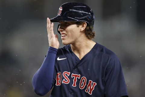 NEW YORK, NY – JULY 17: Jarren Duran #40 of the Boston Red Sox reacts during the second inning against the New York Yankees at Yankee Stadium on July 17, 2021 in the Bronx borough of New York City. (Photo by Adam Hunger/Getty Images)