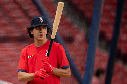 BOSTON, MA – JULY 22: Boston Red Sox 2021 first round draft pick Marcelo Mayer looks on after signing a contract with the club on July 22, 2021 at Fenway Park in Boston, Massachusetts. (Photo by Billie Weiss/Boston Red Sox/Getty Images)