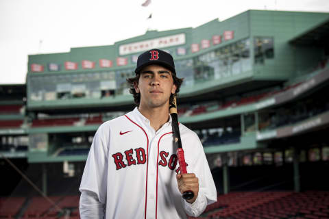 BOSTON, MA – JULY 22: Boston Red Sox 2021 first round draft pick Marcelo Mayer poses for a portrait as he is signed with the club on July 22, 2021 at Fenway Park in Boston, Massachusetts. (Photo by Billie Weiss/Boston Red Sox/Getty Images)