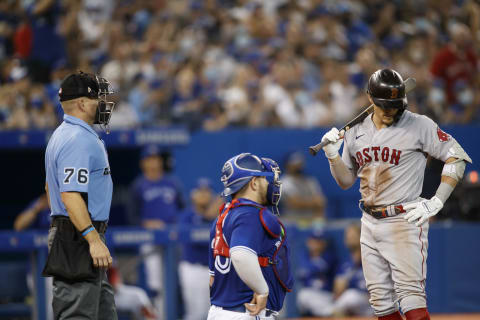 TORONTO, ON – AUGUST 07: Enrique Hernandez #5 of the Boston Red Sox reacts to striking out in the sixth inning of Game One of the doubleheader MLB game against the Toronto Blue Jays at Rogers Centre on August 7, 2021 in Toronto, Ontario. (Photo by Cole Burston/Getty Images)