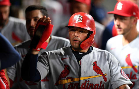 PITTSBURGH, PA – AUGUST 11: Yadier Molina #4 of the St. Louis Cardinals celebrates with teammates after scoring during the sixth inning against the Pittsburgh Pirates at PNC Park on August 11, 2021 in Pittsburgh, Pennsylvania. (Photo by Joe Sargent/Getty Images)