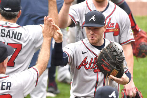 BALTIMORE, MD – AUGUST 22: Freddie Freeman #5 of the Atlanta Braves celebrates a win after a baseball game against the Baltimore Orioles at Oriole Park at Camden Yards on August 22, 2021 in Baltimore, Maryland. (Photo by Mitchell Layton/Getty Images)