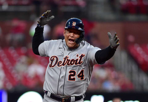 ST LOUIS, MO – AUGUST 24: Miguel Cabrera #24 of the Detroit Tigers reacts after hitting a solo home run during the third inning against the St. Louis Cardinals at Busch Stadium on August 24, 2021 in St Louis, Missouri. (Photo by Jeff Curry/Getty Images)