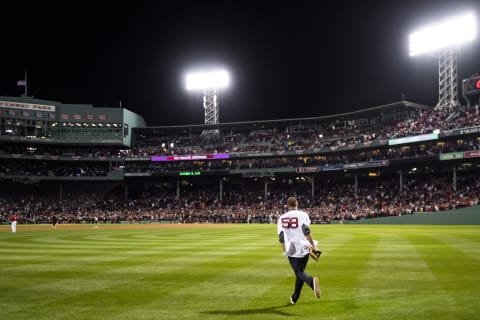 BOSTON, MA – OCTOBER 18: Former pitcher Jonathan Papelbon of the Boston Red Sox reacts as he is introduced before throwing out a ceremonial first pitch before game three of the 2021 American League Championship Series against the Houston Astros at Fenway Park on October 18, 2021 in Boston, Massachusetts. (Photo by Billie Weiss/Boston Red Sox/Getty Images)