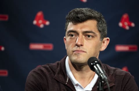 BOSTON, MA - OCTOBER 25: Chief Baseball Officer Chaim Bloom of the Boston Red Sox addresses the media during an end of season press conference on October 25, 2021 at Fenway Park in Boston, Massachusetts. (Photo by Billie Weiss/Boston Red Sox/Getty Images)