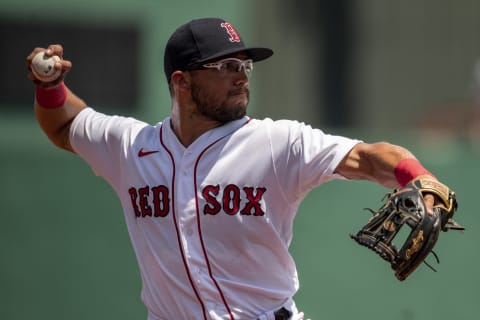 FORT MYERS, FL – APRIL 2: Yolmer Sanchez #47 of the Boston Red Sox throws during the first inning of a Grapefruit League game against the Pittsburgh Pirates on April 2, 2022 at jetBlue Park at Fenway South in Fort Myers, Florida. (Photo by Billie Weiss/Boston Red Sox/Getty Images)