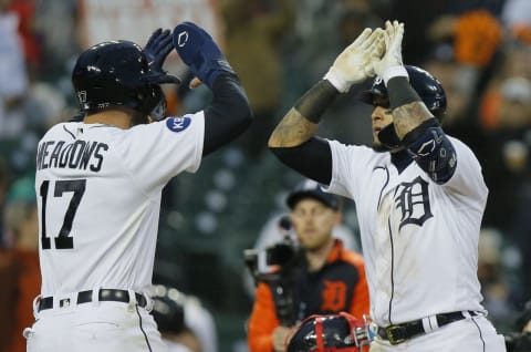 DETROIT, MI – April 11: Javier Baez #28 of the Detroit Tigers is congratulated by Austin Meadows #17 after hitting a two-run home run against the Boston Red Sox during the eighth inning to take a 3-1 lead at Comerica Park on April 11, 2022, in Detroit, Michigan. (Photo by Duane Burleson/Getty Images)