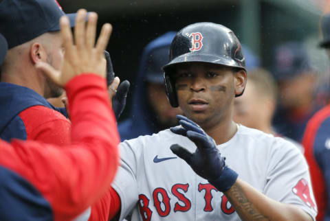 DETROIT, MI – APRIL 13: Rafael Devers #11 of the Boston Red Sox celebrates after scoring against the Detroit Tigers during the fourth inning at Comerica Park on April 13, 2022, in Detroit, Michigan. (Photo by Duane Burleson/Getty Images)