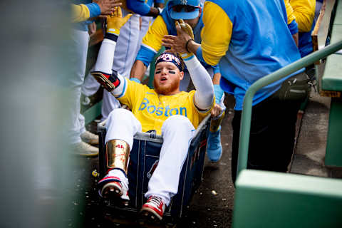 BOSTON, MA – APRIL 16: Alex Verdugo #99 of the Boston Red Sox rides in a laundry cart through the dugout after hitting a two-run home run during the second inning of a game against the Minnesota Twins on April 16, 2022 at Fenway Park in Boston, Massachusetts. (Photo by Maddie Malhotra/Boston Red Sox/Getty Images)