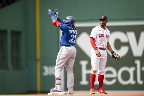 BOSTON, MA – APRIL 21: Vladimir Guerrero Jr. #27 of the Toronto Blue Jays reacts after hitting a double during the sixth inning of a game against the Boston Red Sox on April 21, 2022 at Fenway Park in Boston, Massachusetts. (Photo by Maddie Malhotra/Boston Red Sox/Getty Images)