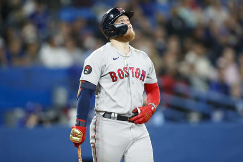 Alex Verdugo of the Boston Red Sox watches a foul ball in the fourth inning against the Toronto Blue Jays at Rogers Centre on April 28, 2022 in Toronto, Canada. (Photo by Cole Burston/Getty Images)