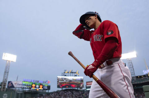 BOSTON, MA - MAY 6: Jarren Duran #40 of the Boston Red Sox walks up to bat during the first inning of a game against the Chicago White Sox on May 6, 2022 at Fenway Park in Boston, Massachusetts. (Photo by Maddie Malhotra/Boston Red Sox/Getty Images)