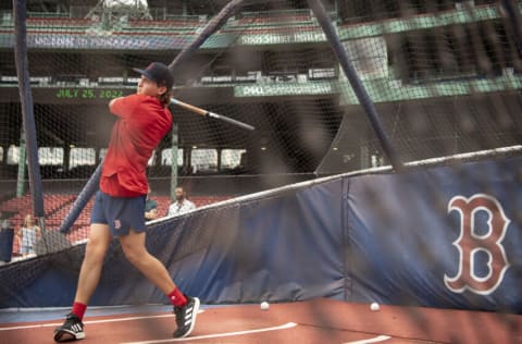 BOSTON, MA - JULY 25 :Boston Red Sox first-round draft pick Mikey Romero takes batting practice after signing a contract with the club on July 25, 2022 at Fenway Park in Boston, Massachusetts. (Photo by Maddie Malhotra/Boston Red Sox/Getty Images)