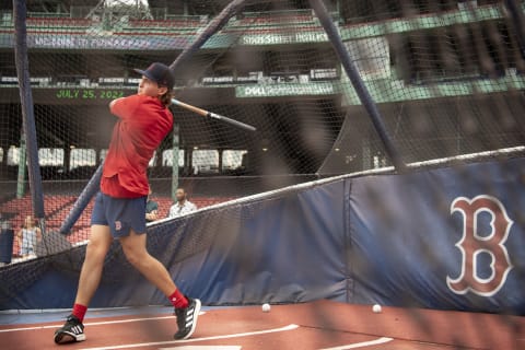 BOSTON, MA – JULY 25 :Boston Red Sox first-round draft pick Mikey Romero takes batting practice after signing a contract with the club on July 25, 2022 at Fenway Park in Boston, Massachusetts. (Photo by Maddie Malhotra/Boston Red Sox/Getty Images)