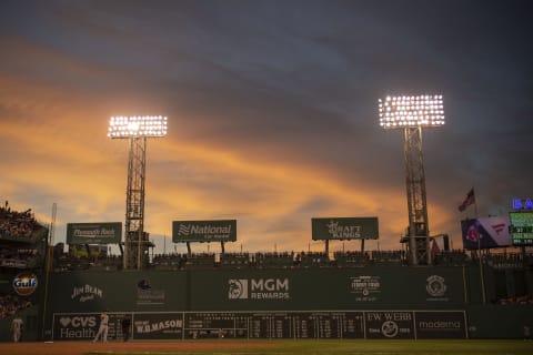 BOSTON, MA – AUGUST 14: A general view of the Green Monster during sunset during the third inning of a game between the Boston Red Sox and the New York Yankees on August 14, 2022 at Fenway Park in Boston, Massachusetts.(Photo by Billie Weiss/Boston Red Sox/Getty Images)