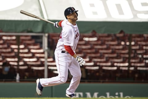 BOSTON, MA – JULY 24: J.D. Martinez #28 of the Boston Red Sox hits a double during the Opening Day game against the Baltimore Orioles on July 24, 2020 at Fenway Park in Boston, Massachusetts. The 2020 season had been postponed since March due to the COVID-19 pandemic. (Photo by Billie Weiss/Boston Red Sox/Getty Images)