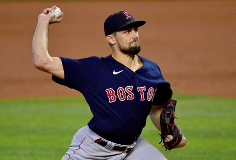 MIAMI, FLORIDA – SEPTEMBER 17: Nathan Eovaldi #17 of the Boston Red Sox delivers a pitch against the Miami Marlins at Marlins Park on September 17, 2020 in Miami, Florida. (Photo by Mark Brown/Getty Images)