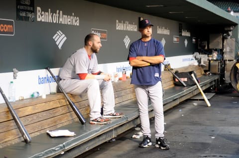 BALTIMORE, MD – SEPTEMBER 28: Dustin Pedroia #15 of the Boston Red Sox talks with manager Terry Francona #47 before the game against the Baltimore Orioles at Oriole Park at Camden Yards on September 28, 2011 in Baltimore, Maryland. (Photo by G Fiume/Getty Images)