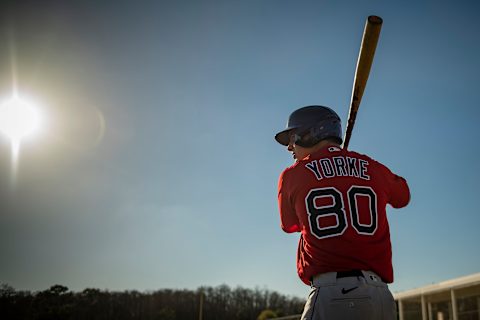 FT. MYERS, FL – FEBRUARY 24: Nick Yorke #80 of the Boston Red Sox looks on during the MGM Sox at Sundown spring training team night workout on February 24, 2021 at jetBlue Park at Fenway South in Fort Myers, Florida. (Photo by Billie Weiss/Boston Red Sox/Getty Images)