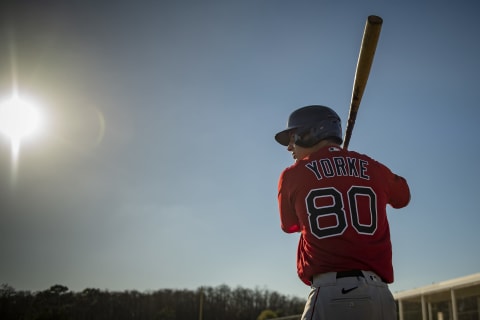 FT. MYERS, FL – FEBRUARY 24: Nick Yorke #80 of the Boston Red Sox looks on during the MGM Sox at Sundown spring training team night workout on February 24, 2021 at jetBlue Park at Fenway South in Fort Myers, Florida. (Photo by Billie Weiss/Boston Red Sox/Getty Images)