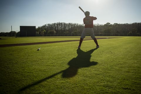 FT. MYERS, FL – FEBRUARY 24: Nick Yorke #80 of the Boston Red Sox looks on during the MGM Sox at Sundown spring training team night workout on February 24, 2021 at jetBlue Park at Fenway South in Fort Myers, Florida. (Photo by Billie Weiss/Boston Red Sox/Getty Images)