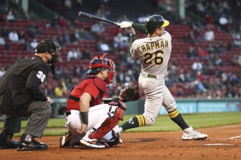 BOSTON, MA – MAY 11: Matt Chapman #26 of the Oakland Athletics bats during a game against the. Boston Red Sox at Fenway Park on May 11, 2021 in Boston, Massachusetts. (Photo by Adam Glanzman/Getty Images)