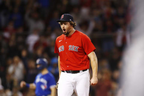 BOSTON, MASSACHUSETTS – JUNE 11: Relief pitcher Josh Taylor #38 of the Boston Red Sox reacts at the end of the seventh inning of the game against the Toronto Blue Jays at Fenway Park on June 11, 2021 in Boston, Massachusetts. (Photo by Omar Rawlings/Getty Images)