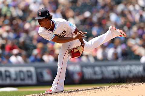 DENVER, COLORADO – JULY 11: Brayan Bello #17 of the American League team throws against the National League team during the All-Star Futures Game at Coors Field on July 11, 2021 in Denver, Colorado. (Photo by Matthew Stockman/Getty Images)