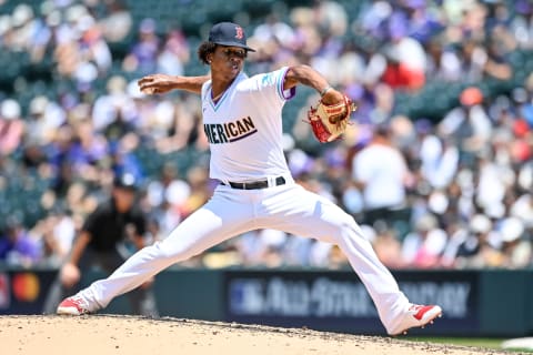 DENVER, CO – JULY 11: Brayan Bello #17 of American League Futures Team pitches against the National League Futures Team at Coors Field on July 11, 2021 in Denver, Colorado.(Photo by Dustin Bradford/Getty Images)