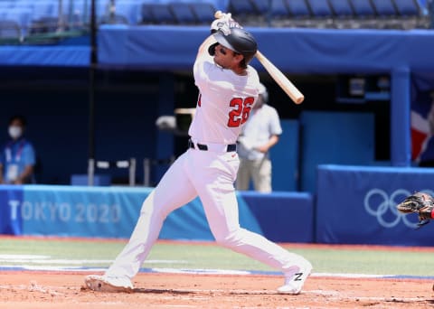 YOKOHAMA, JAPAN – AUGUST 04: Triston Casas #26 of Team United States hits a two-run home run against Team Dominican Republic in the first inning during the knockout stage of men’s baseball on day twelve of the Tokyo 2020 Olympic Games at Yokohama Baseball Stadium on August 04, 2021 in Yokohama, Japan. (Photo by Koji Watanabe/Getty Images)