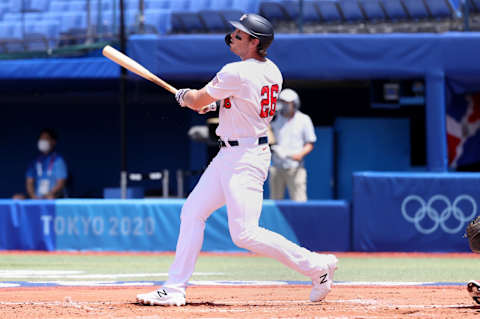 YOKOHAMA, JAPAN – AUGUST 04: Triston Casas #26 of Team United States hits a two-run home run against Team Dominican Republic in the first inning during the knockout stage of men’s baseball on day twelve of the Tokyo 2020 Olympic Games at Yokohama Baseball Stadium on August 04, 2021 in Yokohama, Japan. (Photo by Koji Watanabe/Getty Images)