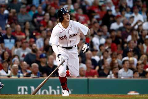 BOSTON, MA – JULY 28: Jarren Duran #40 of the Boston Red Sox follows watches a hit against the Toronto Blue Jays during the second inning of game two of a doubleheader at Fenway Park on July 28, 2021 in Boston, Massachusetts. (Photo By Winslow Townson/Getty Images)