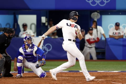 YOKOHAMA, JAPAN – AUGUST 05: Triston Casas #26 of Team United States bats in the fifth inning against Team Republic of Korea during the semifinals of the men’s baseball on day thirteen of the Tokyo 2020 Olympic Games at Yokohama Baseball Stadium on August 05, 2021 in Yokohama, Japan. (Photo by Koji Watanabe/Getty Images)