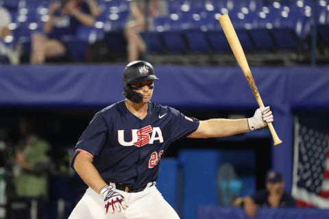 YOKOHAMA, JAPAN – AUGUST 07: Infielder Triston Casas #26 during the gold medal game between Team United States and Team Japan on day fifteen of the Tokyo 2020 Olympic Games at Yokohama Baseball Stadium on August 07, 2021 in Yokohama, Kanagawa, Japan. (Photo by Koji Watanabe/Getty Images)