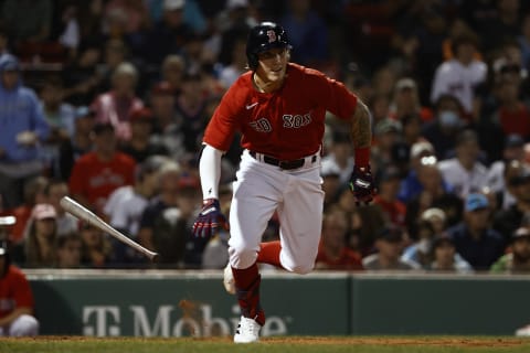 BOSTON, MA – JULY 29: Jarren Duran #40 of the Boston Red Sox runs out a hit against the Toronto Blue Jays during the first inning at Fenway Park on July 29, 2021 in Boston, Massachusetts. (Photo By Winslow Townson/Getty Images)