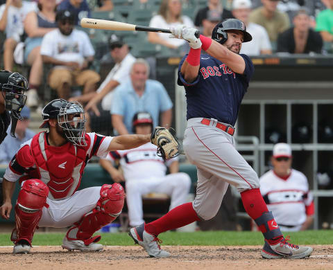 CHICAGO, ILLINOIS – SEPTEMBER 12: Kyle Schwarber #18 of the Boston Red Sox bats against the Chicago White Sox at Guaranteed Rate Field on September 12, 2021 in Chicago, Illinois. The White Sox defeated the Red Sox 2-1. (Photo by Jonathan Daniel/Getty Images)