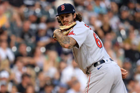 CHICAGO, ILLINOIS – SEPTEMBER 11: Connor Seabold #67 of the Boston Red Sox looks over to first in the game against the Chicago White Sox at Guaranteed Rate Field on September 11, 2021 in Chicago, Illinois. (Photo by Justin Casterline/Getty Images)